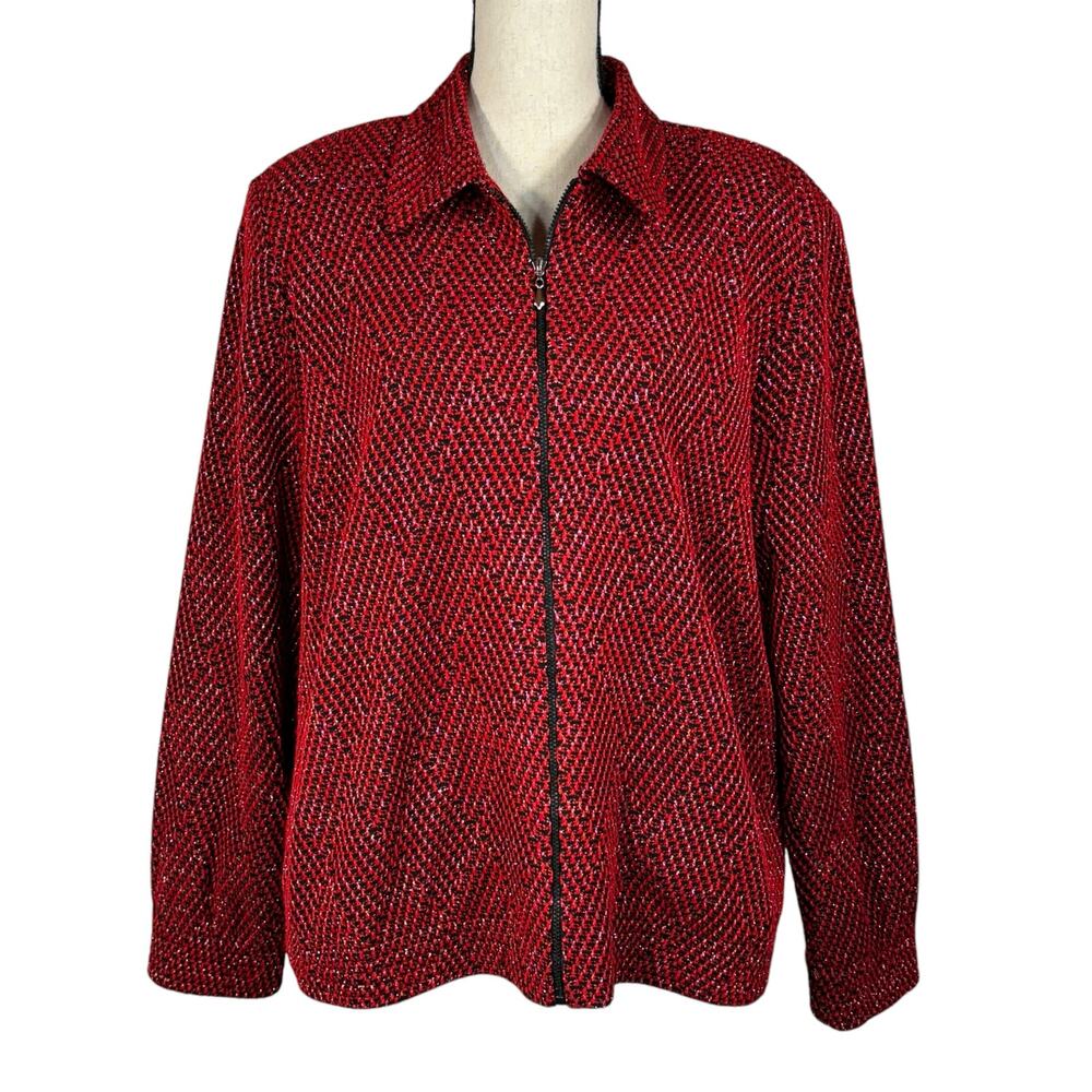 Alfred Dunner SZ 14 Jacket Full-Zip Pocket Collar Stretch Long Sleeve Red Silver